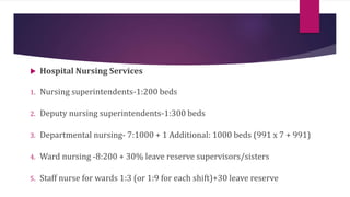  Hospital Nursing Services
1. Nursing superintendents-1:200 beds
2. Deputy nursing superintendents-1:300 beds
3. Departmental nursing- 7:1000 + 1 Additional: 1000 beds (991 x 7 + 991)
4. Ward nursing -8:200 + 30% leave reserve supervisors/sisters
5. Staff nurse for wards 1:3 (or 1:9 for each shift)+30 leave reserve
 