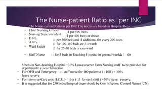 The Nurse-patient Ratio as per INC
:1 per 500 beds
:1 per 400 beds or above
:1 per 300 beds and 1 additional for every 200 beds
:1 for 100-150 beds or 3-4 wards
:1 for 25-30 beds or one ward
• The Nurse-patient Ratio as per INC The norms are based on Hospital Beds.
• Chief Nursing Officer
• Nursing Superintendent
• D.NS.
• A.N.S.
• Ward Sister
• Staff Nurse :1 for 3 beds in Teaching Hospital in general ward& 1 for
5 beds in Non-teaching Hospital +30% Leave reserve Extra Nursing staff to be provided for
departmental research function.
• For OPD and Emergency :1 staff nurse for 100 patients (1 : 100 ) + 30%
leave reserve
• For Intensive Care unit: (I.C.U.)- 1:l or (1:3 for each shift ) +30% leave reserve.
• It is suggested that for 250 beded hospital there should be One Infection Control Nurse (ICN).
 