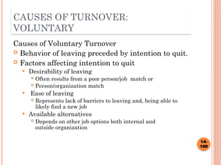 CAUSES OF TURNOVER:
VOLUNTARY
Causes of Voluntary Turnover
 Behavior of leaving preceded by intention to quit.
 Factors affecting intention to quit
 Desirability of leaving
 Often results from a poor person/job match or
 Person/organization match
 Ease of leaving
 Represents lack of barriers to leaving and, being able to
likely find a new job
 Available alternatives
 Depends on other job options both internal and
outside organization
14-
100
 