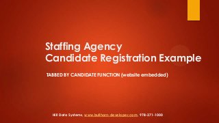 Staffing Agency
Candidate Registration Example
TABBED BY CANDIDATE FUNCTION (website embedded)

Hill Data Systems, www.bullhorn-developer.com, 978-371-1000

 