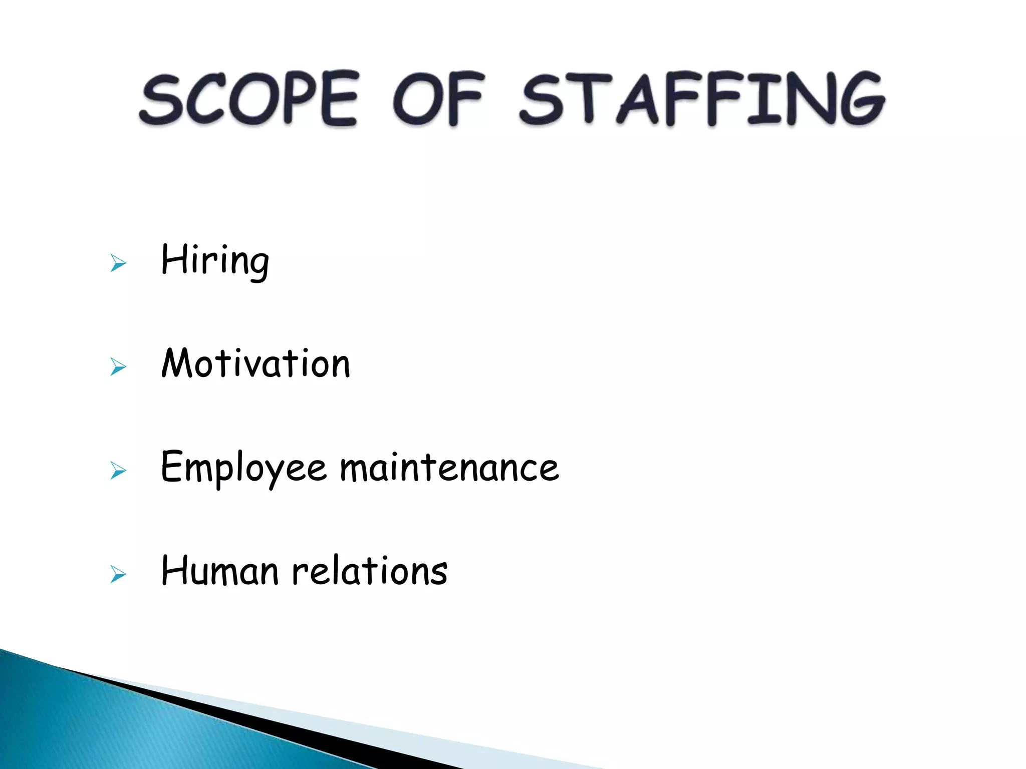  Hiring
 Motivation
 Employee maintenance
 Human relations
 