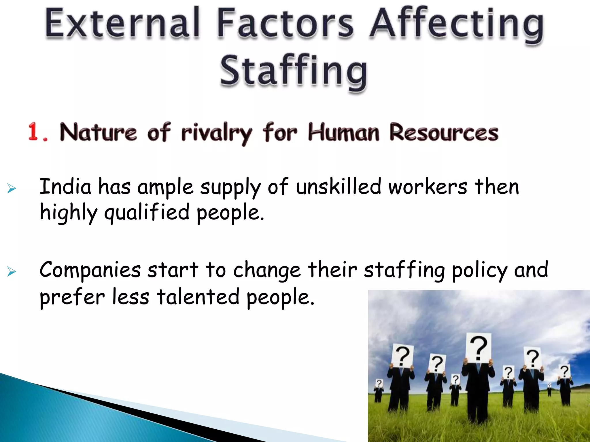  India has ample supply of unskilled workers then
highly qualified people.
 Companies start to change their staffing policy and
prefer less talented people.
 