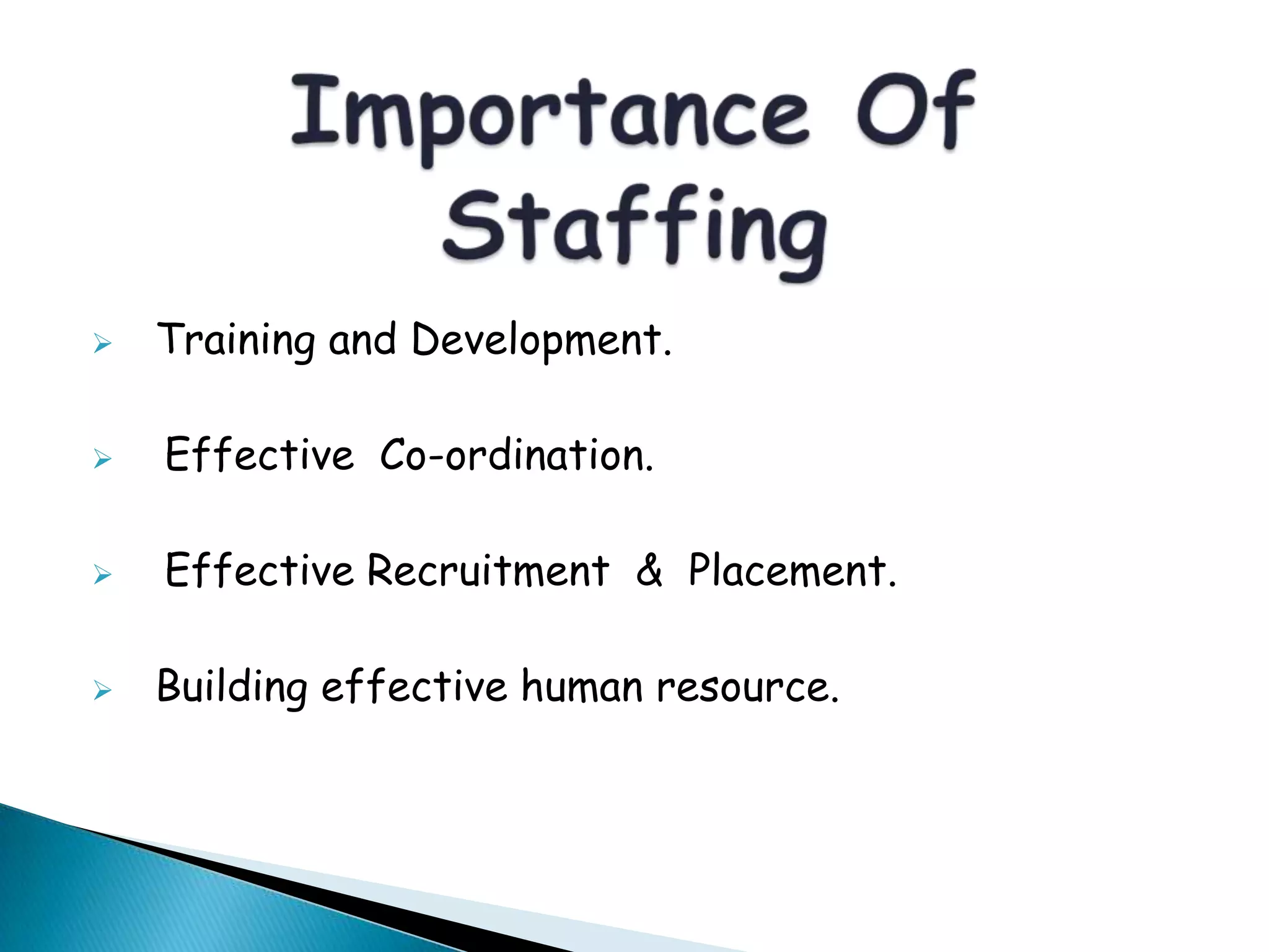  Training and Development.
 Effective Co-ordination.
 Effective Recruitment & Placement.
 Building effective human resource.
 