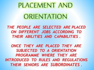 THE PEOPLE ARE SELECTED ARE PLACED
ON DIFFERENT JOBS ACCORDING TO
THEIR ABILITIES AND CAPABILITIES .
ONCE THEY ARE PLACED THEY ARE
SUBJECTED TO A ORIENTATION
PROGRAMME WHERE THEY ARE
INTRODUCED TO RULES AND REGULATIONS
THEIR SENIORS ARE SUBORDINATES .
 
