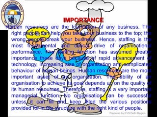 IMPORTANCEIMPORTANCE
Human resources are the foundation of any business. The
right people can help you take your business to the top; the
wrong people break your business. Hence, staffing is the
most fundamental and critical drive of organisational
performance. The staffing function has assumed greater
importance these days because of rapid advancement of
technology, increasing size of organisation and complicated
behaviour of human beings. Human resources are the most
important asset of an organisation. The ability of an
organisation to achieve its goal depends up on the quality of
its human resources. Therefore, staffing is a very important
managerial function. No organisation can be successful
unless it can fill and keep filled the various positions
provided for in the structure with the right kind of people.
Prepared by:KVS Delhi Region
 