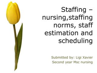 Staffing – 
nursing,staffing 
norms, staff 
estimation and 
scheduling 
Submitted by: Ligi Xavier 
Second year Msc nursing 
 