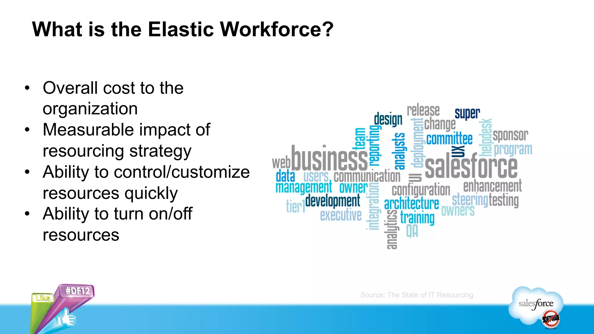 What is the Elastic Workforce?

•  Overall cost to the
   organization
•  Measurable impact of
   resourcing strategy
•  Ability to control/customize
   resources quickly
•  Ability to turn on/off
   resources


                                  Source: The State of IT Resourcing
 