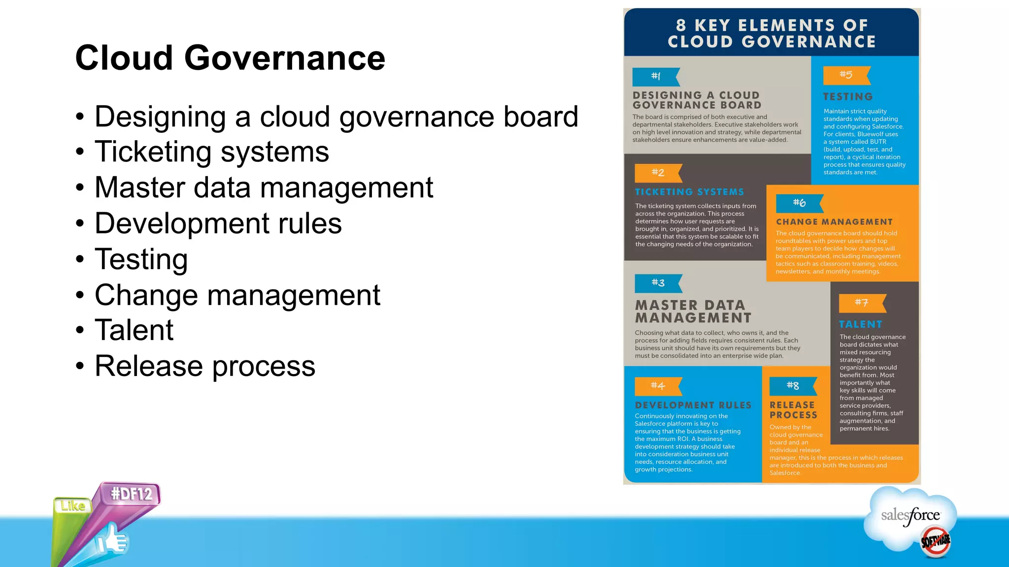 Cloud Governance
•  Designing a cloud governance board
•  Ticketing systems
•  Master data management
•  Development rules
•  Testing
•  Change management
•  Talent
•  Release process
 