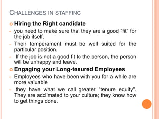 CHALLENGES IN STAFFING
 Hiring the Right candidate
• you need to make sure that they are a good "fit" for
the job itself....