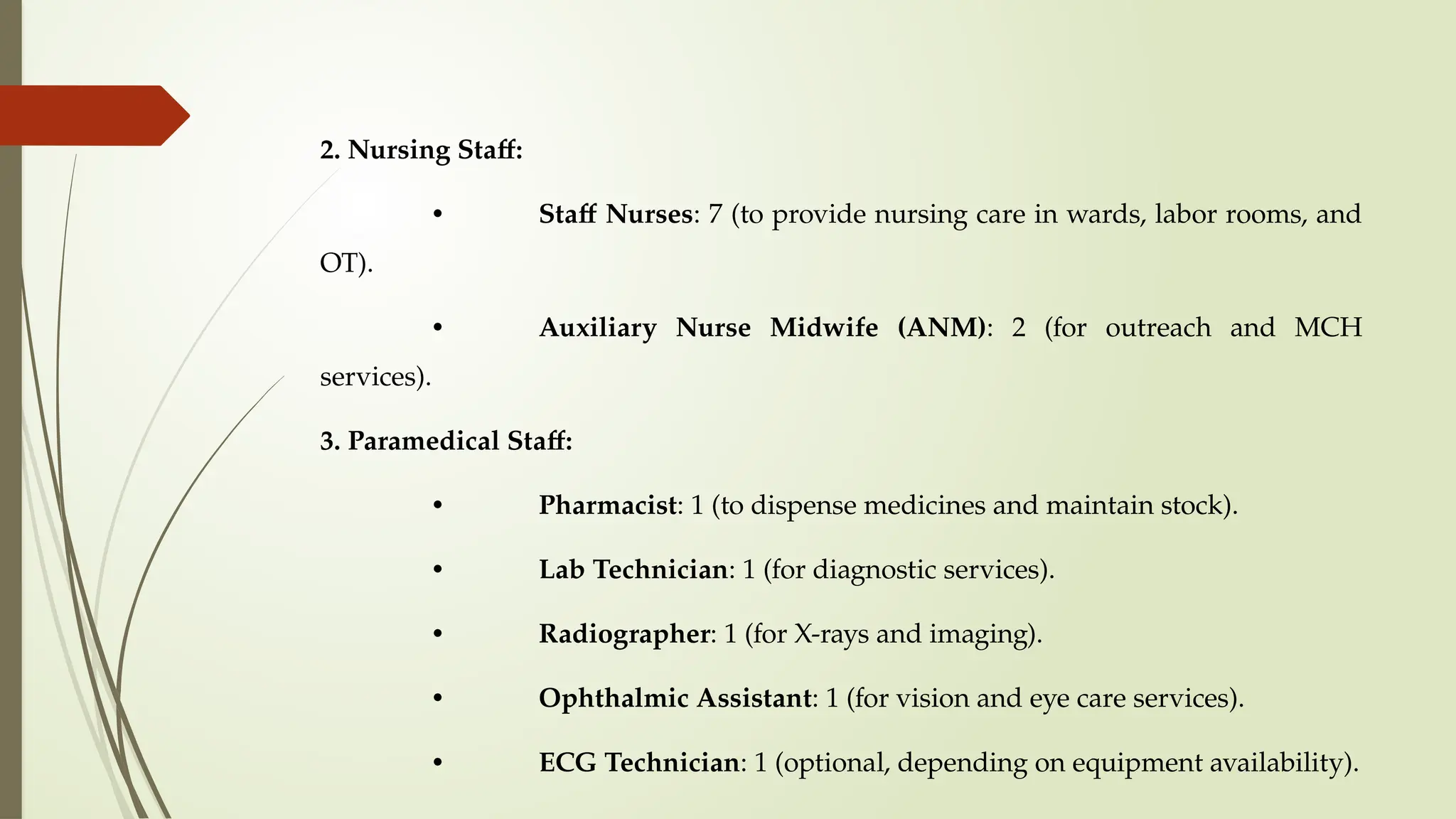 2. Nursing Staff:
• Staff Nurses: 7 (to provide nursing care in wards, labor rooms, and
OT).
• Auxiliary Nurse Midwife (ANM): 2 (for outreach and MCH
services).
3. Paramedical Staff:
• Pharmacist: 1 (to dispense medicines and maintain stock).
• Lab Technician: 1 (for diagnostic services).
• Radiographer: 1 (for X-rays and imaging).
• Ophthalmic Assistant: 1 (for vision and eye care services).
• ECG Technician: 1 (optional, depending on equipment availability).
 