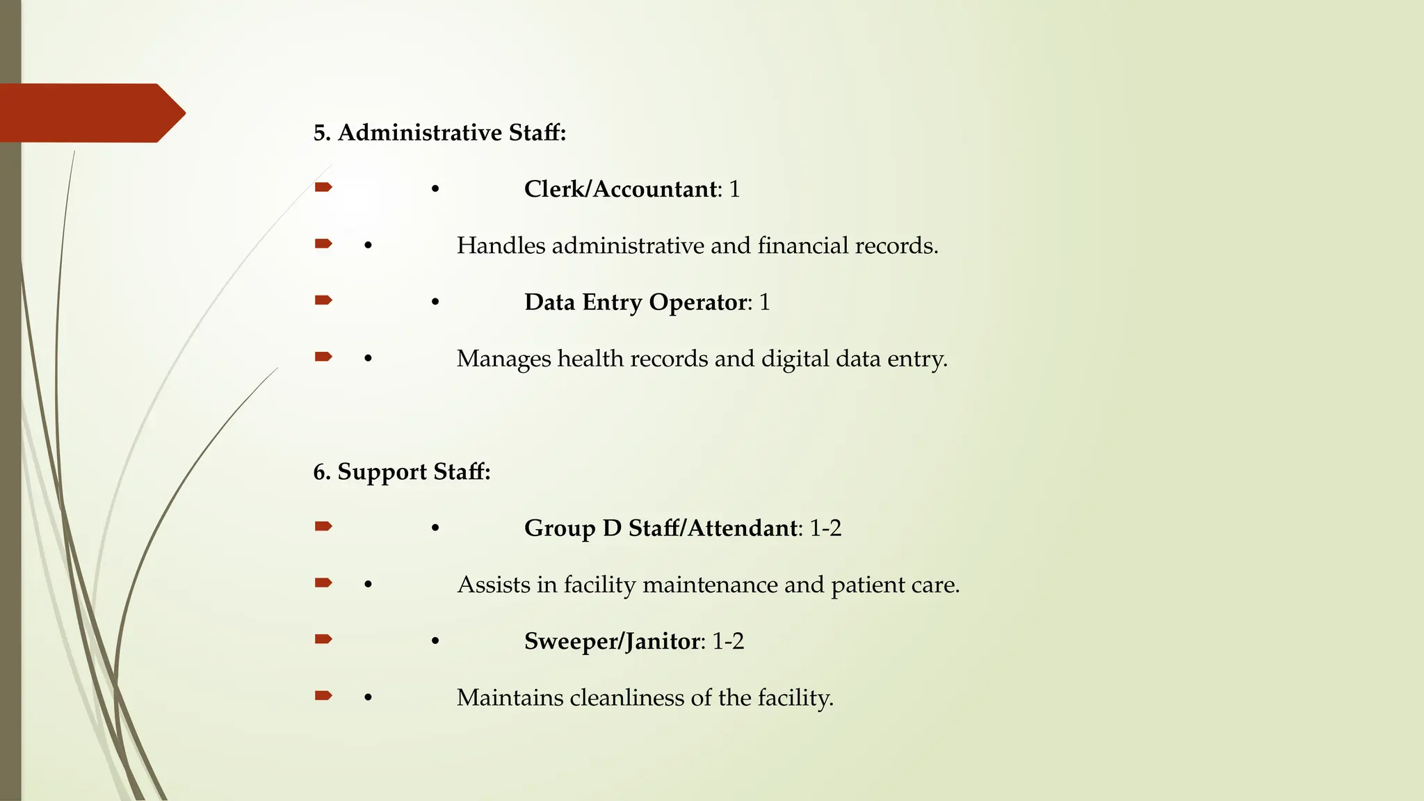 5. Administrative Staff:
 • Clerk/Accountant: 1
 • Handles administrative and financial records.
 • Data Entry Operator: 1
 • Manages health records and digital data entry.
6. Support Staff:
 • Group D Staff/Attendant: 1-2
 • Assists in facility maintenance and patient care.
 • Sweeper/Janitor: 1-2
 • Maintains cleanliness of the facility.
 