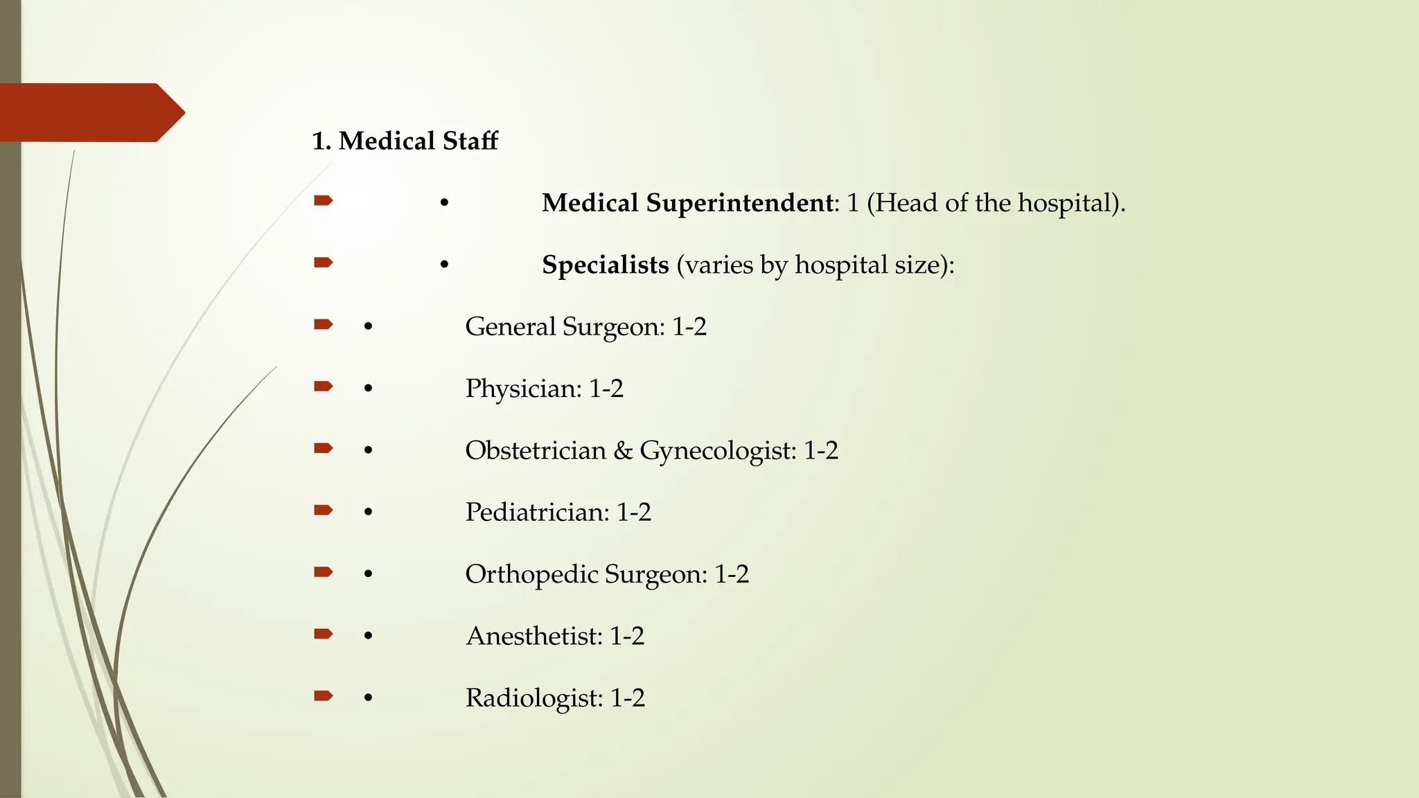 1. Medical Staff
 • Medical Superintendent: 1 (Head of the hospital).
 • Specialists (varies by hospital size):
 • General Surgeon: 1-2
 • Physician: 1-2
 • Obstetrician & Gynecologist: 1-2
 • Pediatrician: 1-2
 • Orthopedic Surgeon: 1-2
 • Anesthetist: 1-2
 • Radiologist: 1-2
 
