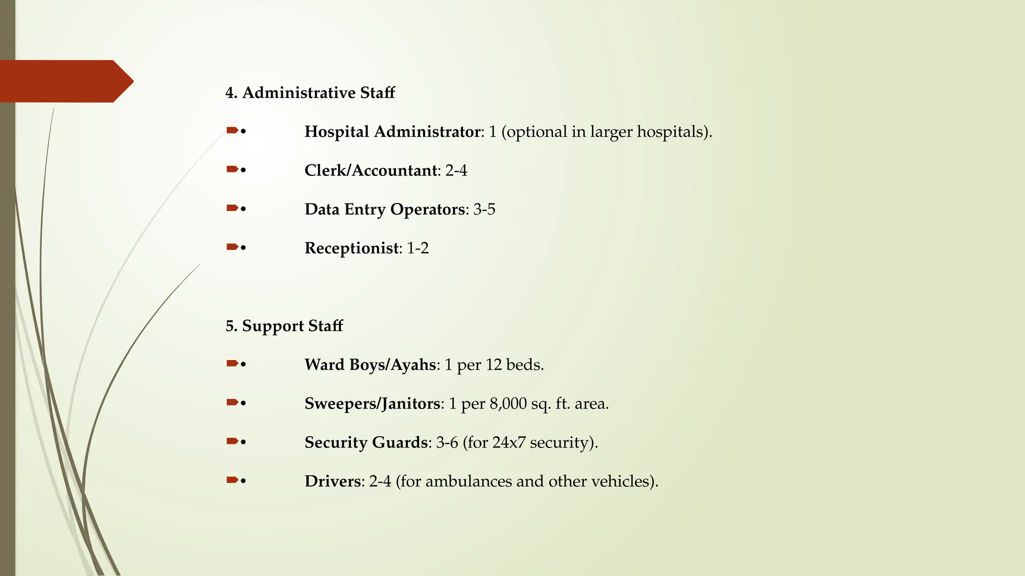 4. Administrative Staff
• Hospital Administrator: 1 (optional in larger hospitals).
• Clerk/Accountant: 2-4
• Data Entry Operators: 3-5
• Receptionist: 1-2
5. Support Staff
• Ward Boys/Ayahs: 1 per 12 beds.
• Sweepers/Janitors: 1 per 8,000 sq. ft. area.
• Security Guards: 3-6 (for 24x7 security).
• Drivers: 2-4 (for ambulances and other vehicles).
 