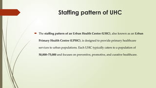 Staffing pattern of UHC
 The staffing pattern of an Urban Health Centre (UHC), also known as an Urban
Primary Health Centre (UPHC), is designed to provide primary healthcare
services to urban populations. Each UHC typically caters to a population of
50,000–75,000 and focuses on preventive, promotive, and curative healthcare.
 