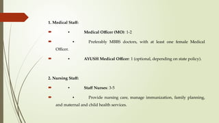 1. Medical Staff:
 • Medical Officer (MO): 1-2
 • Preferably MBBS doctors, with at least one female Medical
Officer.
 • AYUSH Medical Officer: 1 (optional, depending on state policy).
2. Nursing Staff:
 • Staff Nurses: 3-5
 • Provide nursing care, manage immunization, family planning,
and maternal and child health services.
 