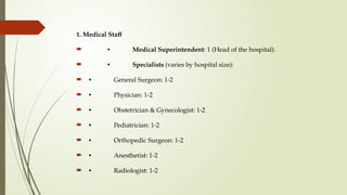 1. Medical Staff
 • Medical Superintendent: 1 (Head of the hospital).
 • Specialists (varies by hospital size):
 • General Surgeon: 1-2
 • Physician: 1-2
 • Obstetrician & Gynecologist: 1-2
 • Pediatrician: 1-2
 • Orthopedic Surgeon: 1-2
 • Anesthetist: 1-2
 • Radiologist: 1-2
 