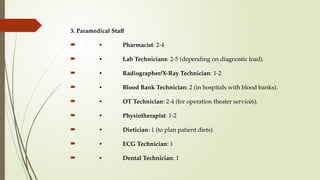 3. Paramedical Staff
 • Pharmacist: 2-4
 • Lab Technicians: 2-5 (depending on diagnostic load).
 • Radiographer/X-Ray Technician: 1-2
 • Blood Bank Technician: 2 (in hospitals with blood banks).
 • OT Technician: 2-4 (for operation theater services).
 • Physiotherapist: 1-2
 • Dietician: 1 (to plan patient diets).
 • ECG Technician: 1
 • Dental Technician: 1
 