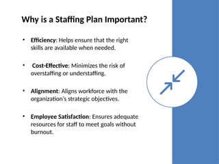 Why is a Staffing Plan Important?
• Efficiency: Helps ensure that the right
skills are available when needed.
• Cost-Effective: Minimizes the risk of
overstaffing or understaffing.
• Alignment: Aligns workforce with the
organization’s strategic objectives.
• Employee Satisfaction: Ensures adequate
resources for staff to meet goals without
burnout.
 