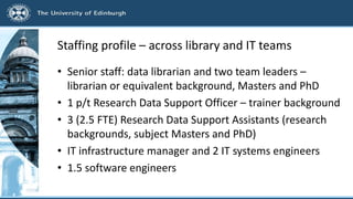 Staffing profile – across library and IT teams
• Senior staff: data librarian and two team leaders –
librarian or equivale...