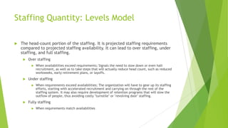 Staffing Quantity: Levels Model
 The head-count portion of the staffing. It is projected staffing requirements
compared to projected staffing availability. It can lead to over staffing, under
staffing, and full staffing.
 Over staffing
 When availabilities exceed requirements; Signals the need to slow down or even halt
recruitment, as well as to take steps that will actually reduce head count, such as reduced
workweeks, early retirement plans, or layoffs.
 Under staffing
 When requirements exceed availabilities; The organization will have to gear up its staffing
efforts, starting with accelerated recruitment and carrying on through the rest of the
staffing system. It may also require development of retention programs that will slow the
outflow of people, thus avoiding costly "turnstile" or "revolving door" staffing.
 Fully staffing
 When requirements match availabilities
 