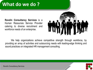 What do we do ?Ravelin Consultancy Services is a Human Resources Service Provider catering to diverse recruitment and  workforce needs of an enterprise.		We help organizations achieve competitive strength through workforce, by providing an array of activities and outsourcing needs with leading-edge thinking and sound practices on integrated HR management consulting.Ravelin Consultancy Services