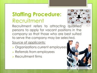 Staffing Procedure:
Recruitment
Recruitment refers to attracting qualified
persons to apply for vacant positions in the
company so that those who are best suited
to serve the company may be selected.
Source of applicants:
 Organizations current employees
 Referrals from employees
 Recruitment firms
 