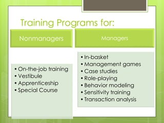 Training Programs for:
Nonmanagers
•On-the-job training
•Vestibule
•Apprenticeship
•Special Course
Managers
•In-basket
•Management games
•Case studies
•Role-playing
•Behavior modeling
•Sensitivity training
•Transaction analysis
 