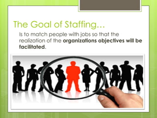 The Goal of Staffing…
Is to match people with jobs so that the
realization of the organizations objectives will be
facilitated.
 