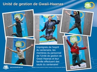 Unité de gestion de Gwaii-Haanas Imprégnés de l’esprit du centenaire, les membres du personnel de l’Unité de gestion de Gwaii Haanas et leur famille effectuent des sauts du centenaire!  