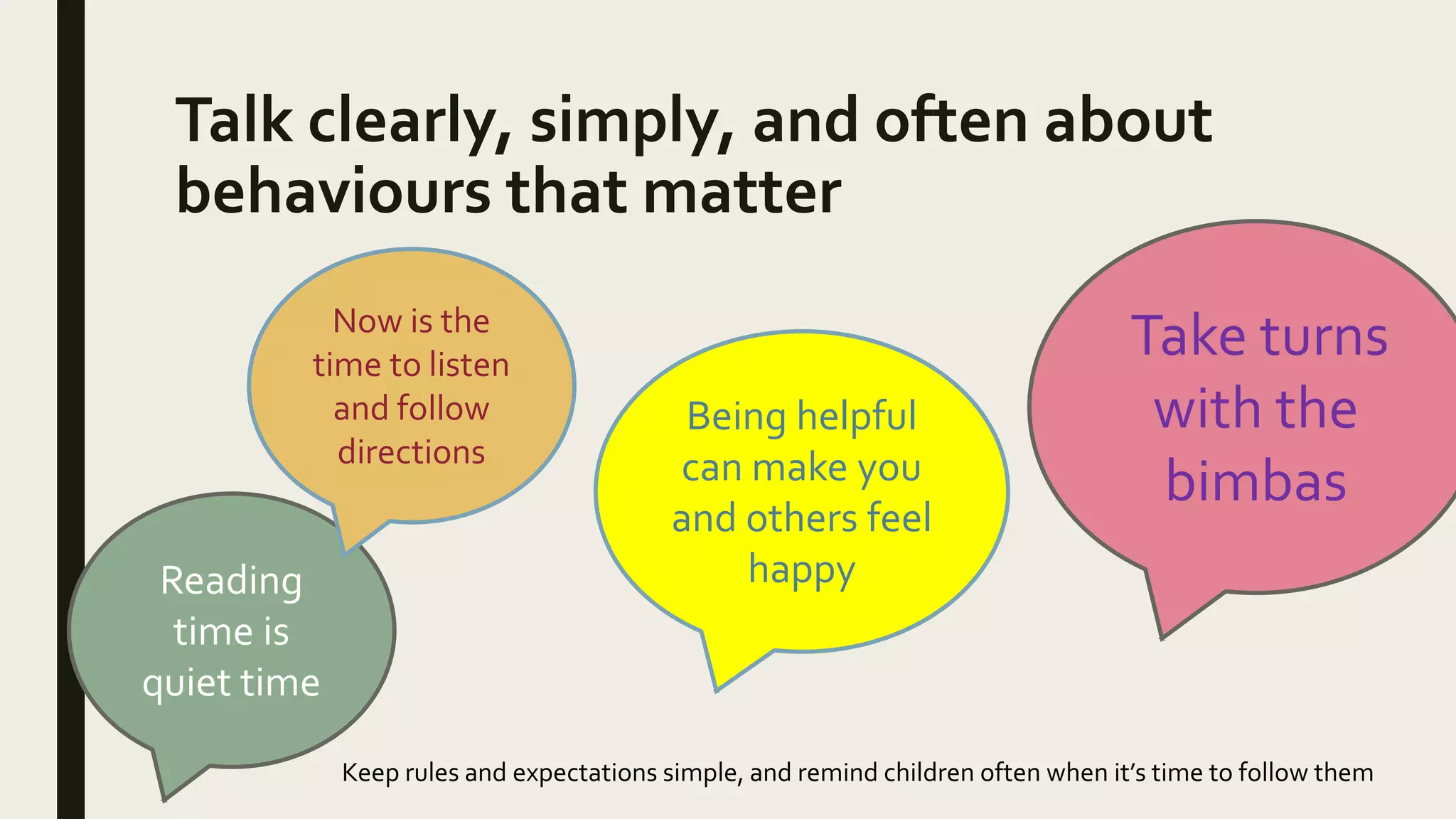 Talk clearly, simply, and often about
behaviours that matter
Reading
time is
quiet time
Take turns
with the
bimbas
Now is the
time to listen
and follow
directions
Being helpful
can make you
and others feel
happy
Keep rules and expectations simple, and remind children often when it’s time to follow them
 