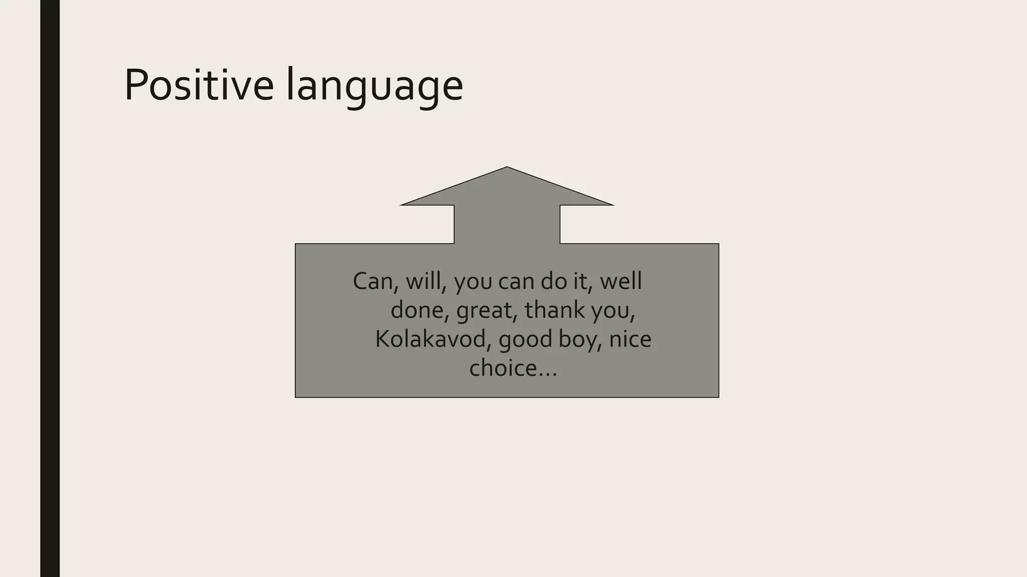Positive language
Can, will, you can do it, well
done, great, thank you,
Kolakavod, good boy, nice
choice…
 