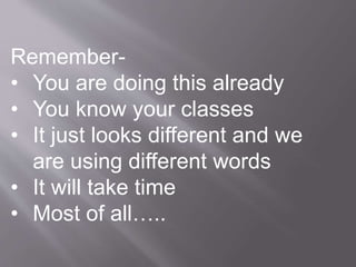 Remember- 
• You are doing this already 
• You know your classes 
• It just looks different and we 
are using different words 
• It will take time 
• Most of all….. 
 