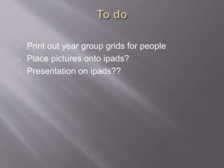 Print out year group grids for people 
Place pictures onto ipads? 
Presentation on ipads?? 
