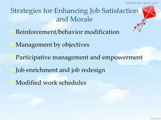 “Making their spirits soar”
Strategies for Enhancing Job Satisfaction
and Morale
Reinforcement/behavior modification
Management by objectives
Participative management and empowerment
Job enrichment and job redesign
Modified work schedules
 