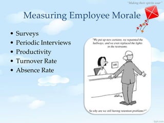 “Making their spirits soar”
Measuring Employee Morale
• Surveys
• Periodic Interviews
• Productivity
• Turnover Rate
• Absence Rate
 