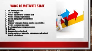 WAYS TO MOTIVATE STAFF
1. Get to know your staff
2. Lead by Example
3. Provide incentives for excellent work
4. Provide avenues for promotion
5. Special recognition/commendation
6. Rewards
7. Empower employees through training opportunities
8. Provide necessary resources
9. Create a positive working environment
10. Build trust
11. Value employees feedback
12. Involve employees in decision making especially when it
directly affects them.
 