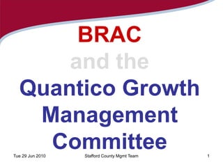 BRAC
      and the
  Quantico Growth
   Management
    Committee
Tue 29 Jun 2010   Stafford County Mgmt Team   1
 