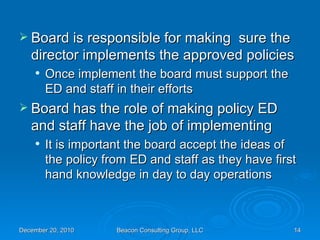 Board is responsible for making  sure the director implements the approved policies Once implement the board must support the ED and staff in their efforts Board has the role of making policy ED and staff have the job of implementing It is important the board accept the ideas of the policy from ED and staff as they have first hand knowledge in day to day operations 