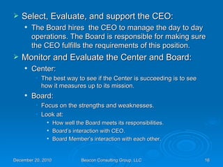 Select, Evaluate, and support the CEO: The Board hires  the CEO to manage the day to day operations. The Board is responsible for making sure the CEO fulfills the requirements of this position. Monitor and Evaluate the Center and Board: Center: The best way to see if the Center is succeeding is to see how it measures up to its mission. Board: Focus on the strengths and weaknesses. Look at: How well the Board meets its responsibilities. Board’s interaction with CEO. Board Member’s interaction with each other. 
