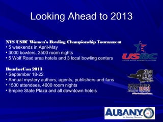 Looking Ahead to 2013

NYS USBC W   omen’s Bowling Championship Tournament
• 5 weekends in April-May
• 3000 bowlers, 2500 room nights
• 5 Wolf Road area hotels and 3 local bowling centers

BoucherCon 2013
• September 18-22
• Annual mystery authors, agents, publishers and fans
• 1500 attendees, 4000 room nights
• Empire State Plaza and all downtown hotels
 