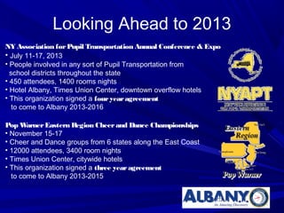 Looking Ahead to 2013
NY Association for Pupil Transportation Annual Conference & Expo
• July 11-17, 2013
• People involved in any sort of Pupil Transportation from
  school districts throughout the state
• 450 attendees, 1400 rooms nights
• Hotel Albany, Times Union Center, downtown overflow hotels
• This organization signed a four year agreement
   to come to Albany 2013-2016

Pop W  arner Eastern Region Cheer and Dance Championships
• November 15-17
• Cheer and Dance groups from 6 states along the East Coast
• 12000 attendees, 3400 room nights
• Times Union Center, citywide hotels
• This organization signed a three year agreement
  to come to Albany 2013-2015
 
