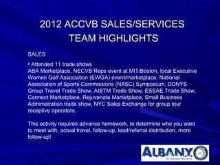 2012 ACCVB SALES/SERVICES
           TEAM HIGHLIGHTS
SALES
• Attended 11 trade shows
ABA Marketplace, NECVB Reps event at MIT/Boston, local Executive
Women Golf Association (EWGA) event/marketplace, National
Association of Sports Commissions (NASC) Symposium, DONYS
Group Travel Trade Show, AIBTM Trade Show, ESSAE Trade Show,
Connect Marketplace, Rejuvenate Marketplace, Small Business
Administration trade show, NYC Sales Exchange for group tour
receptive operators.

This activity requires advance homework, to determine who you want
to meet with, actual travel, follow-up, lead/referral distribution, more
follow-up!
 