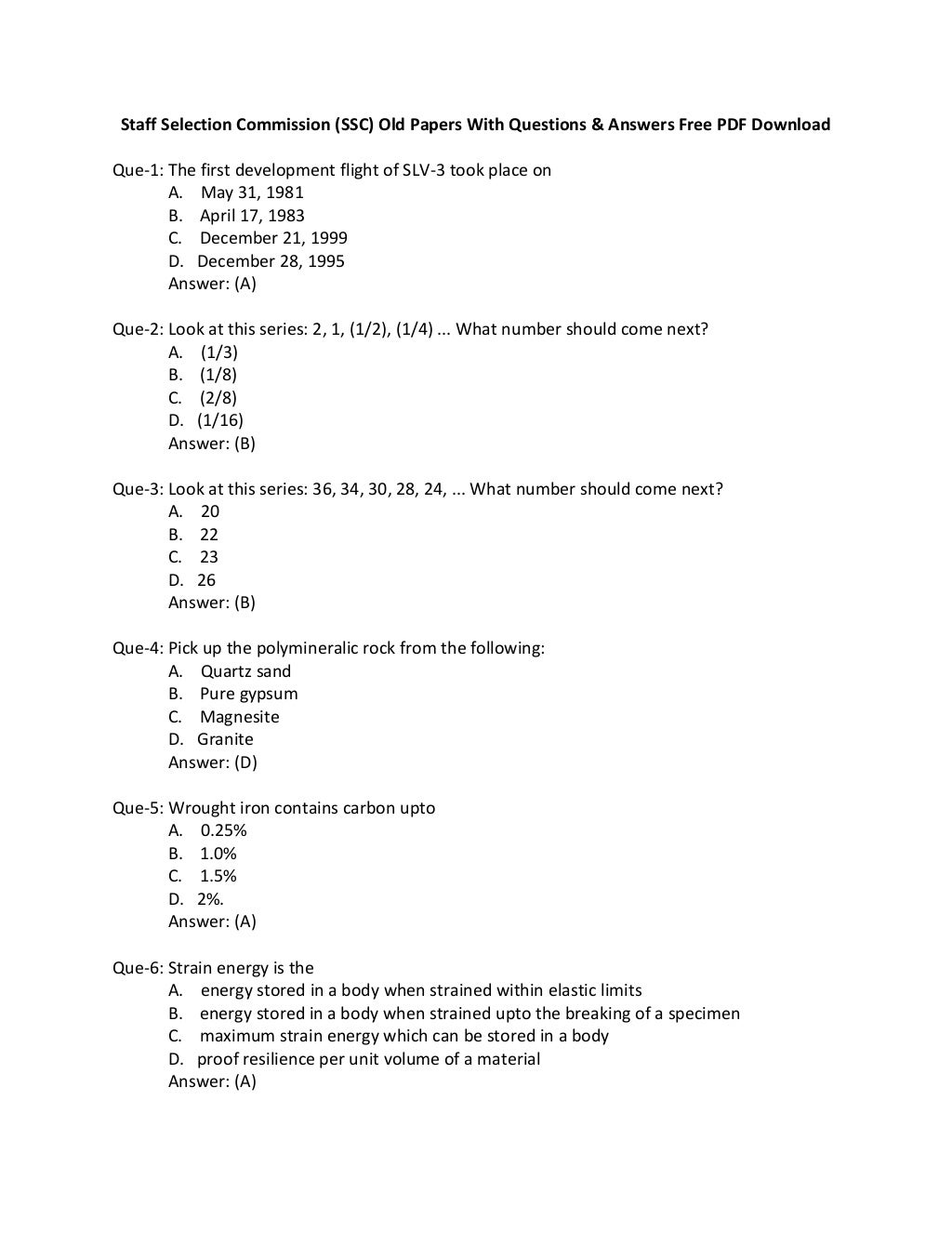 Staff Selection Commission SSC Old Year Papers With Questions Ans 