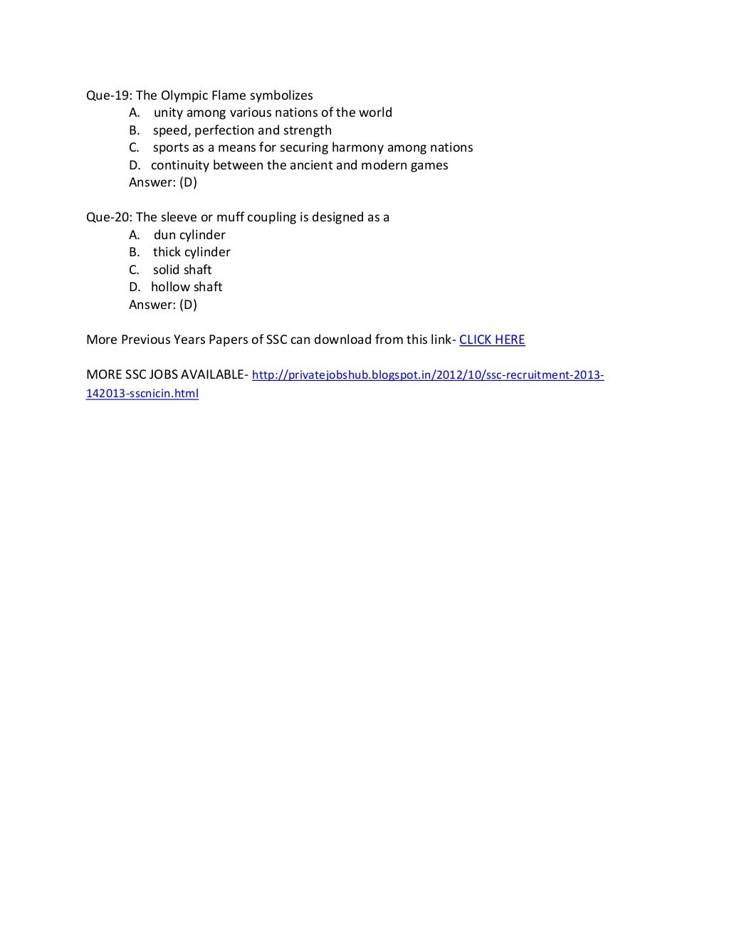 Staff Selection Commission SSC Old Year Papers With Questions Ans 