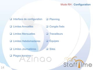 Mode RH : Configuration
14
 Interface de configuration
 Limites Annuelles
 Limites Mensuelles
 Limites Journalières
 Planning
 Congés fixés
 Travailleurs
 Équipes
 Sites
 Limites Hebdomadaires
 Plages horaires
 