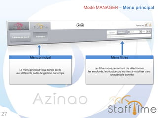 Mode MANAGER – Menu principal
27
Le menu principal vous donne accès
aux différents outils de gestion du temps.
Menu principal
Les filtres vous permettent de sélectionner
les employés, les équipes ou les sites à visualiser dans
une période donnée.
Menu filtres
 