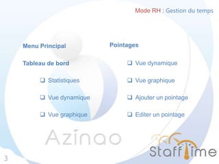 Mode RH : Gestion du temps
3
Tableau de bord
Pointages
 Vue graphique
 Vue dynamique
 Vue dynamique
 Ajouter un pointage
 Statistiques  Vue graphique
 Editer un pointage
Menu Principal
 