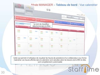 Mode MANAGER – Tableau de bord : Vue calendrier
30
Cette vue permet à l’utilisateur de visualiser les heures de prestations d’un collaborateur sous forme
Calendrier. Les heures affichés dans le calendrier sont calculées selon les besoins de la DRH et elles
sont complètement customizable
Le nom du travailleur
sélectionné dans le filtre
 