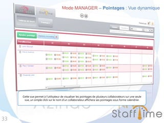 Mode MANAGER – Pointages : Vue dynamique
33
Cette vue permet à l’utilisateur de visualiser les pointages de plusieurs collaborateurs sur une seule
vue, un simple click sur le nom d’un collaborateur affichera ses pointages sous forme calendrier.
 