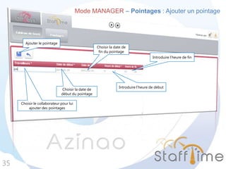 Mode MANAGER – Pointages : Ajouter un pointage
35
Choisir le collaborateur pour lui
ajouter des pointages
Choisir la date de
début du pointage
Choisir la date de
fin du pointage
Introduire l’heure de début
Introduire l’heure de fin
Ajouter le pointage
 